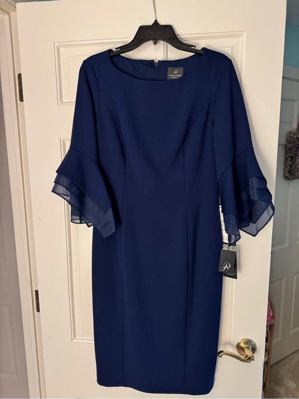 Adrianna Papell Deep Navy Midi Dress with Layered Flutter Sleeves